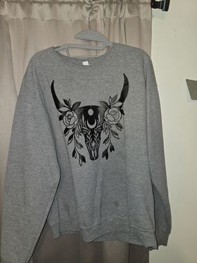 Gildan Gray Sweatshirt with Black Floral Bull Skull Graphic